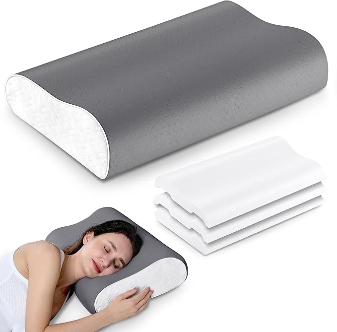 Elviros Memory Foam Pillows for Neck Pain Relief, Adjustable Height Ergonomic Orthopedic Pillow for Sleeping, Cervical Neck Pillow for Side and Back Sleepers, Queen Size, 23.6"×14"×5.3"