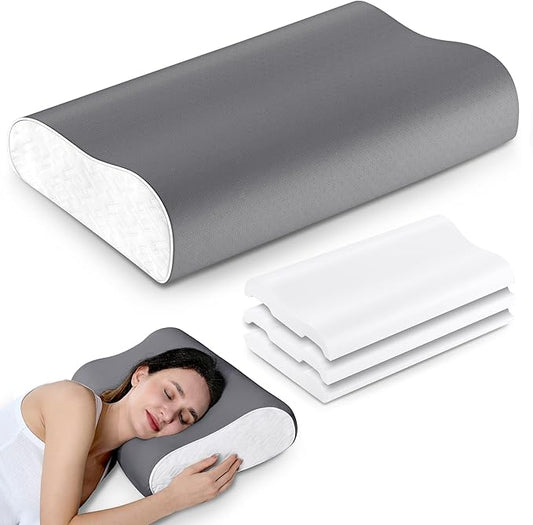 Elviros Memory Foam Pillows for Neck Pain Relief, Adjustable Height Ergonomic Orthopedic Pillow for Sleeping, Cervical Neck Pillow for Side and Back Sleepers, Queen Size, 23.6"×14"×5.3"