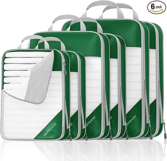 Compression Packing Cubes 6 Set, Compressible Space-Saving Packing Cubes for Travel - Compression Bags, Luggage Organizer, Travel Essentials for Women, Dark Green