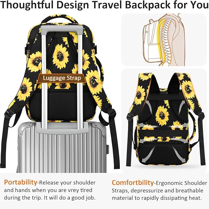 Carry on Backpack for Women TSA Approved 15.6 Inch Travel Laptop Backpack for Women Travel Essentials Foldable Womens Travel Backpack Suitcase Sunflower Floral