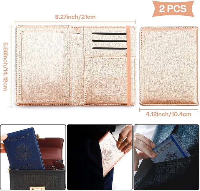 Passport Holder for Travel, 2 Pack Passport Cover, Waterproof Passport Wallet Leather Passport Holder Pen Holder Passport Holders for Women Men Family Travel Must Haves Essentials, Navy Blue+Rose Gold