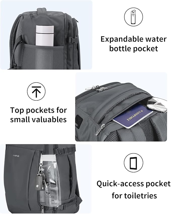 ECOHUB 17'' Travel Backpack, Personal Item Backpack with 13 Pockets, Flight Approved Carry on Backpack with USB Port & Luggage Sleeve, Travel bag for Men & Women, Water Resistant Backpack, Grey