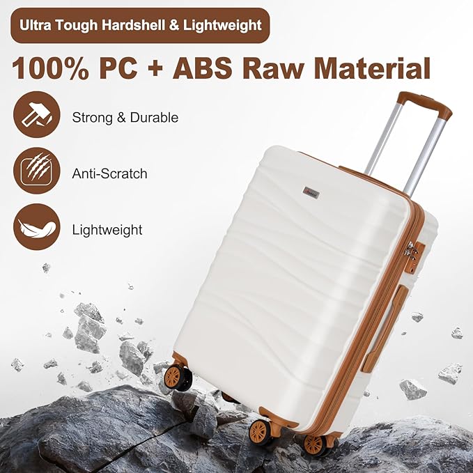 Romswi 30" Expandable Hardside Checked Luggage, Large Checked Suitcase with Dual Spinner Wheels, Up to 20% More Space, Hardshell, YKK Zipper White