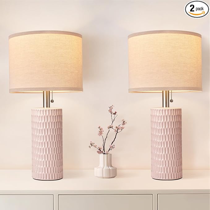 Reaketon 20.5" Modern Ceramic Table Lamps for Bedroom Set of 2, Bedside Lamps for Night Stands with Beige Lampshade, Farmhouse Table Lamp for Living Room Office Dorm, Pink