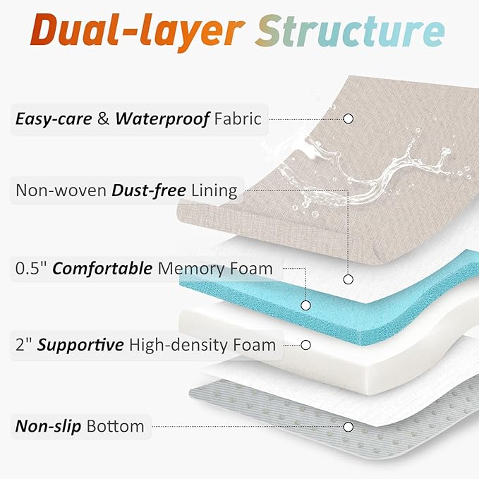 downluxe Chair Cushions for Dining Chairs, Memory Foam Linen Kitchen Chair Pads with Ties, Waterproof, Stain-Resistant and Washable Cover, 17" x 16" x 2.5", Beige, 4 Pack