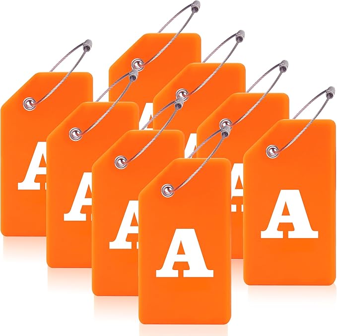 Gostwo 8 Pack Luggage Tags for Suitcases, 26 Initial Letter Travel Luggage Baggage Identification Labels ID Tags Fully Bendable Tags with Stainless Steel Loop (Letter A, Orange)