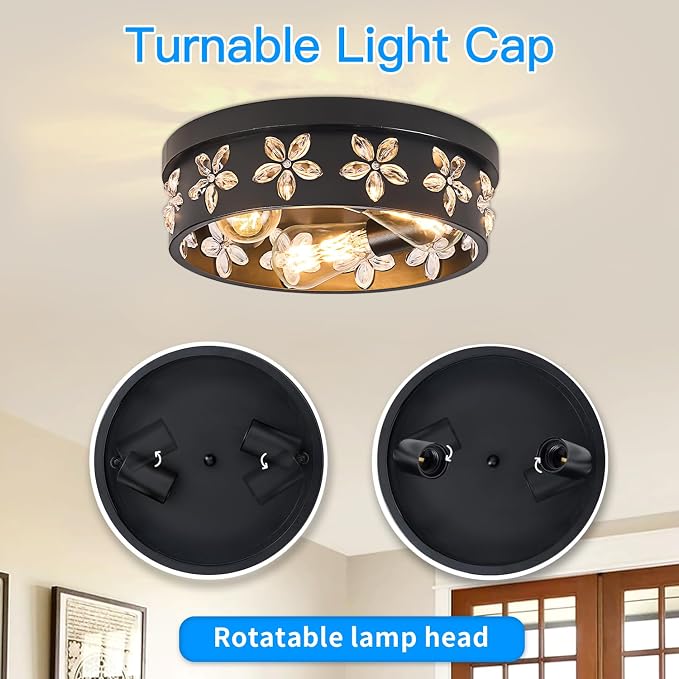 12.6 inch Black Flush Mount Ceiling Light Fixture, 2 Pack | 3-Light, Industrial, Farmhouse, Bedroom, Living Room, Kitchen, Hallway, Foyer