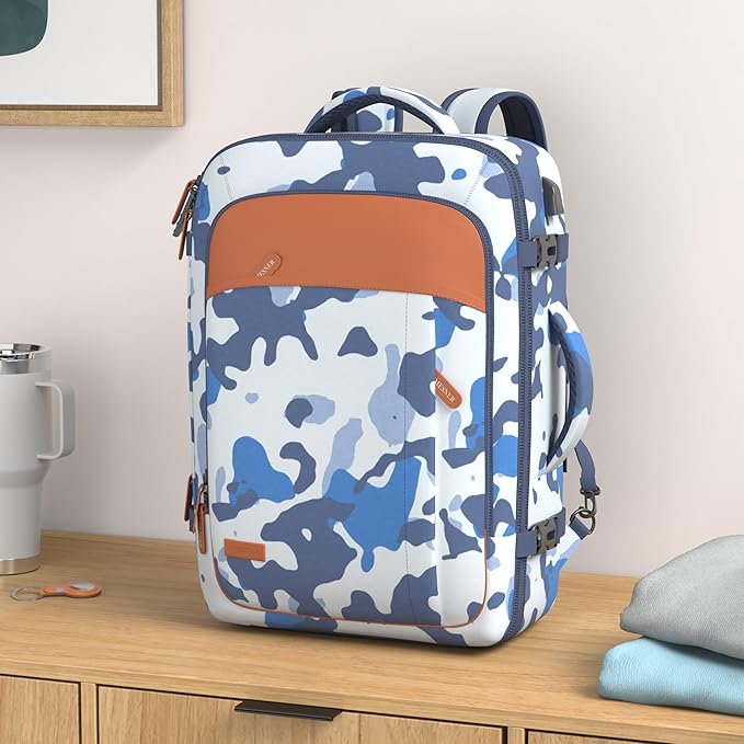 Lumesner Carry on Travel Backpacks, Extra Large 40L Flight Approved for Men & Women,Expandable Suitcase backpack (Camouflage Blue(Backpack With 4 Packing Cubes))