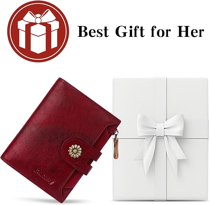 Wallet Women,RFID Blocking Real Leather Womens Wallet Bifold Compact Card Holder Small Wallet for Women with Removable ID Window Red