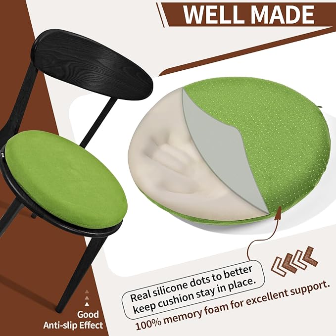 BUYUE Memory Foam Seat Cushion, Dia 16.5" Soft Velvet Round Stool Cushion Anti-Slip Chair Pads, L, Green