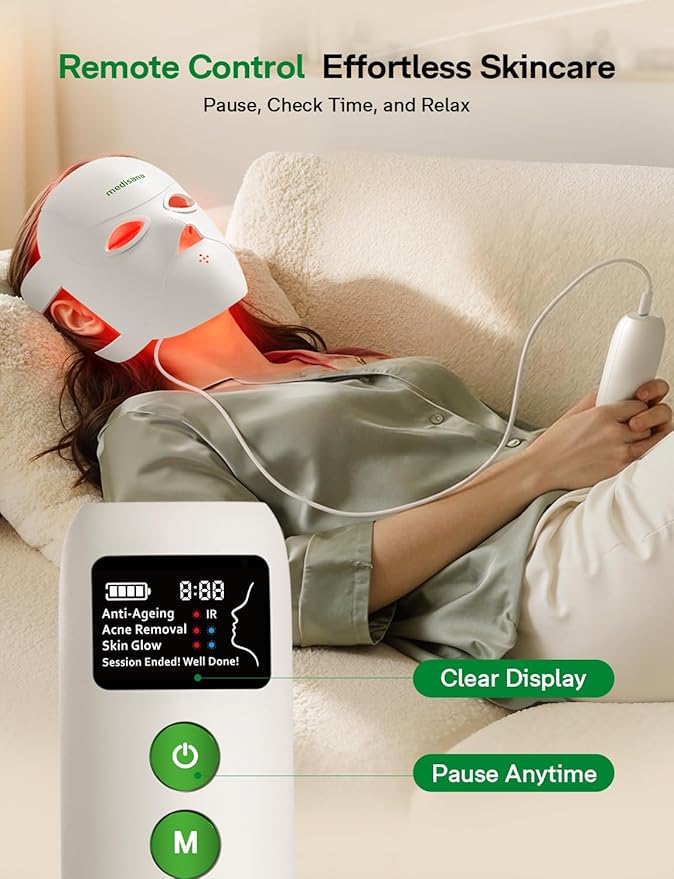 Medisana Red Light Therapy for Face, 3D Facial Fit LED Mask with 415nm Blue 630nm Red 830nm Infrared, 336 Beads, 3 Modes - Cordless & Rechargeable LED Face Mask for Home, Skincare Gifts for Women Mom