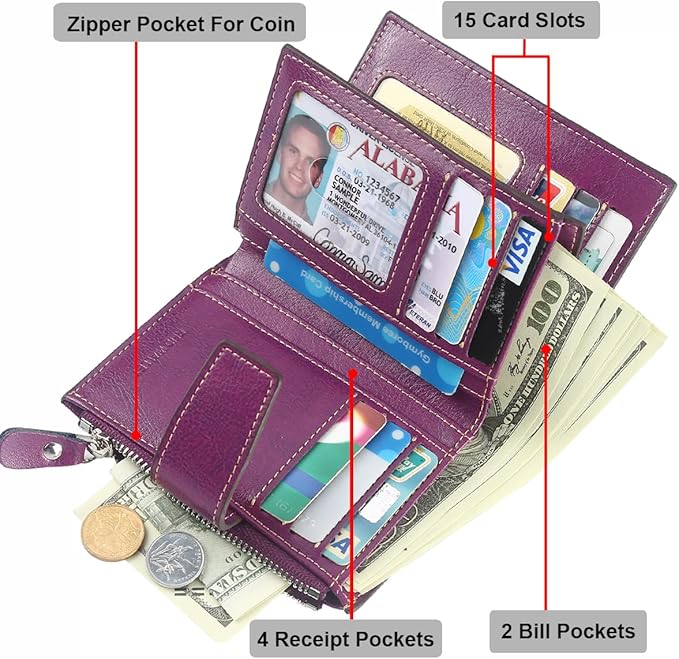 Lavemi Small Compact Women Wallet RFID Blocking Genuine Leather Bifold Purse with ID Windows