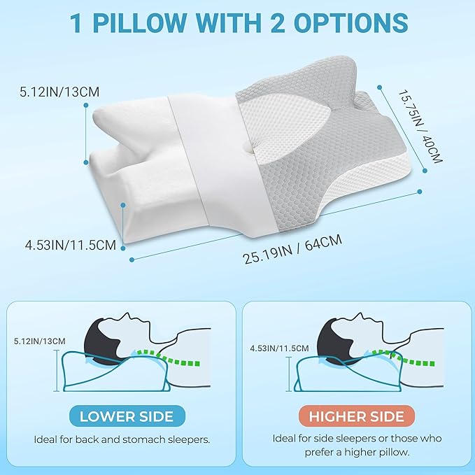 Elviros Cervical Memory Foam Pillow, 2 Pack Pillows for Neck and Shoulder Pain, Ergonomic Orthopedic Sleeping Neck Support Pillow for Side Sleepers, Stomach Sleepers (Blue)