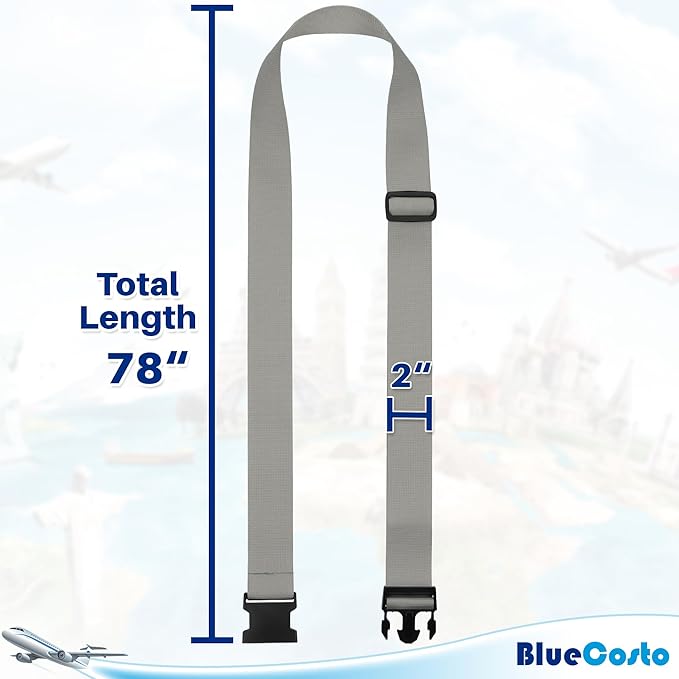 Luggage Straps for Suitcases - TSA Approved - Silver, 4 PK - Premium Nylon Belts for Suitcase, Briefcase & Travel Bag - Adjustable Strap Length 46" - 78"