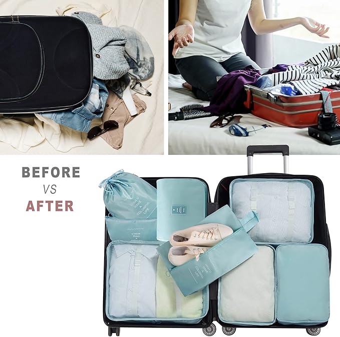 Packing Cubes, 8 Pcs Travel Packing Organizers for Suitcases, Large Capacity Travel Luggage Organizers Set includes 8 Storage Bags, (Light Blue)