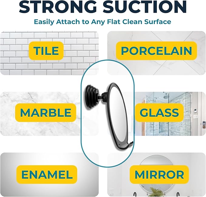 HONEYBULL Fogless Shower Mirror with Suction Mount & Swivel – Anti-Fog Acrylic Bathroom Mirror for Shaving – Built-in Razor Holder, Easy Install, Home Shower Accessory (Black)