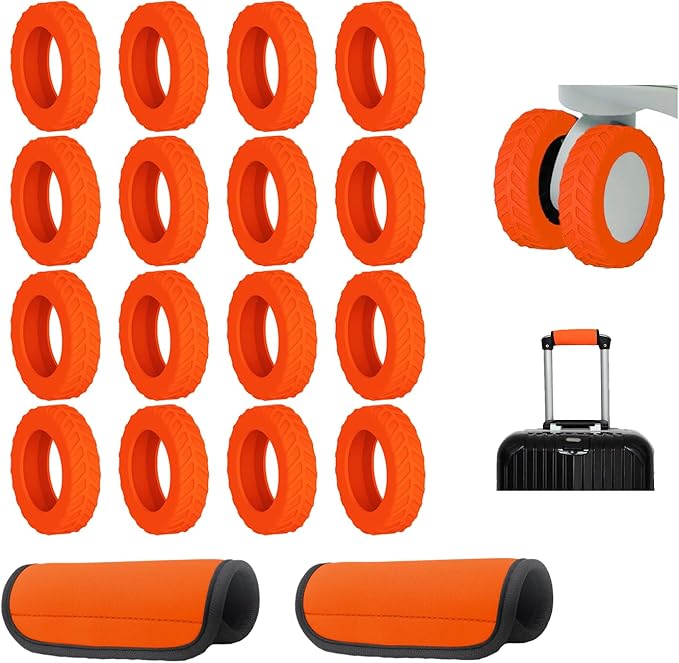 16-Pack Orange Luggage Wheel Covers (Fits 2"-2.4" Double Wheels) & 2-Pack Orange Handle Wraps - Silicone Tire-Textured Wheel Protectors, Wet-Suit Material Handle Grips for Travel