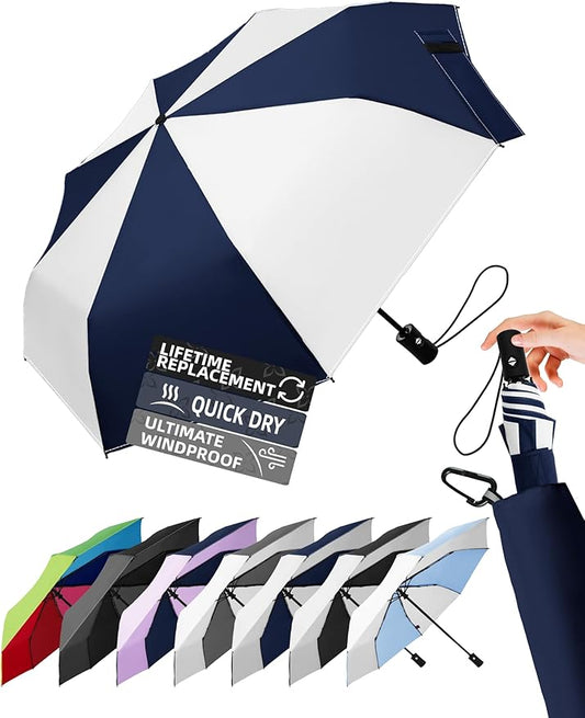 Windproof Travel Umbrella for Rain - 43" Auto Open Close 8-Rib Compact, Stylish Two-Tone Color Block Design, Easy-Close Folding Portable Parasol for Men & Women