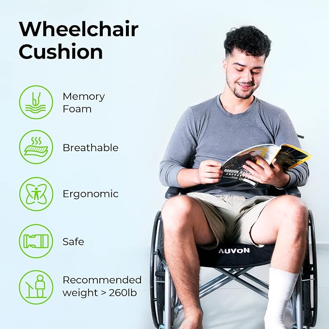 AUVON Wheelchair Seat Cushions (20"x16"x4") for Sciatica, Back, Coccyx, Pressure Sore and Ulcer Pain Relief, Memory Foam Pressure Relief Cushion with Removable Strap, Breathable & Waterproof Fabric