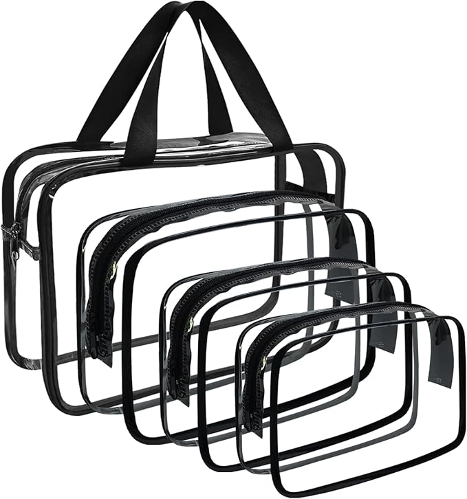 4 Packs Large Clear Comestic Bag, Waterproof Clear Makeup Toiletry Organizer Pouch, Reusable PVC Plastic Storage Bags with Zipper for Travel (4, Black)