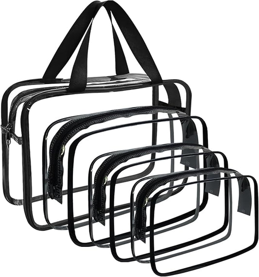4 Packs Large Clear Comestic Bag, Waterproof Clear Makeup Toiletry Organizer Pouch, Reusable PVC Plastic Storage Bags with Zipper for Travel (4, Black)