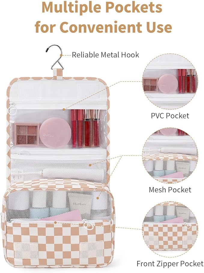 Narwey Small Hanging Travel Toiletry Bag for Traveling Women, Checkered Travel Bag for Toiletries, Makeup Bag Organizer Make Up Cosmetic Bags (Light Brown Checkerboard)