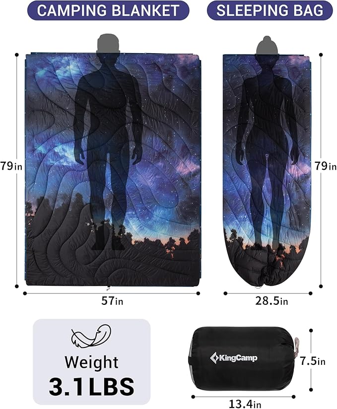 KingCamp Ultralight Camping Blanket, Packable Down Alternative Puffy Printed Wearable Blanket with Snap Buttons & Corner Loops Weatherproof Quilt for Outdoor Travel Stadium (79" x 57", Forest)