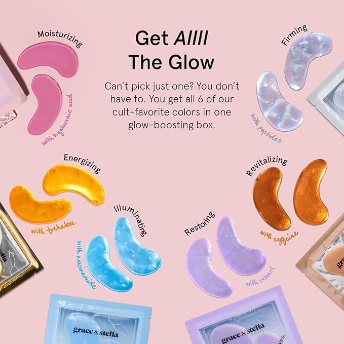 grace & stella Under Eye Mask Variety Pack - 18 Pairs of Under Eye Patches for Dark Circles - With 6 Colors (3 Pairs/Color) - Gifts for Women - Gel Masks Puffy Eyes for Women, Vegan