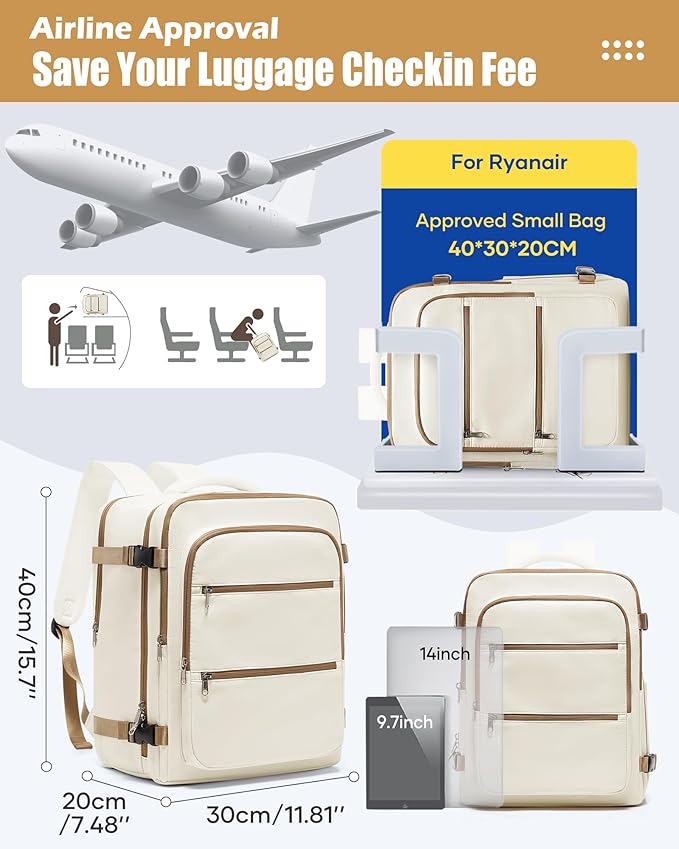 Vacuum Backpack Travel with Pump,Vacuum Sealed Backpack,Travel Backpack with Vacuum System,40x30x20 Airbag Travel,Laptop Vacpack Backpacks Bag Airline Flight Approved,Beige