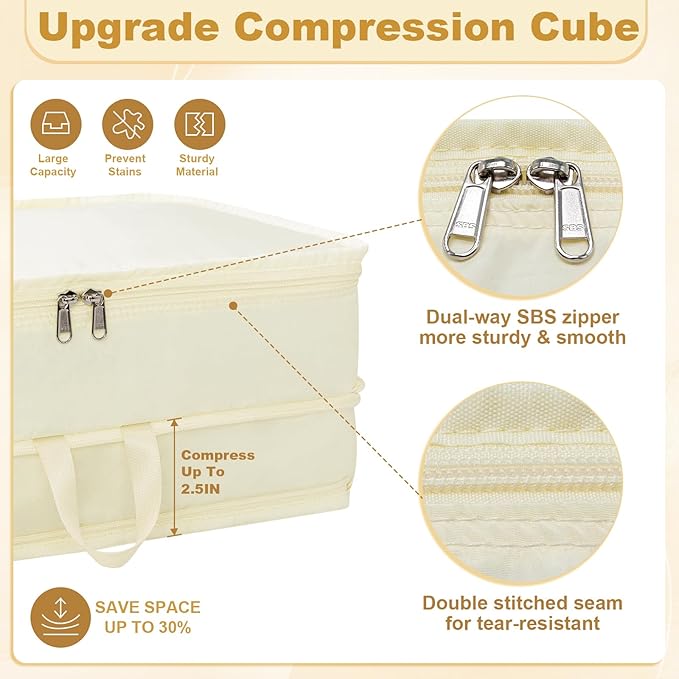 Compression Packing Cubes for Travel Essentials, 2pc Expandable Travel Cubes for Packing Bags Suitcase Organizer, Beige