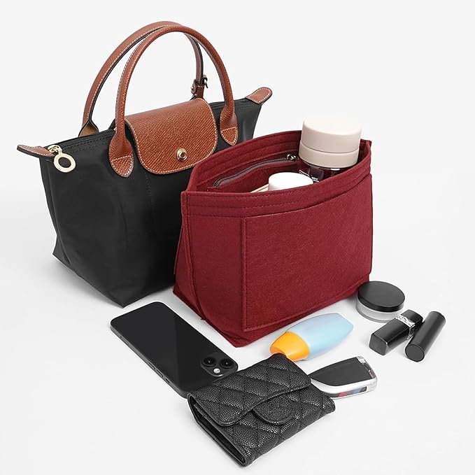 LOUKAYCCI Felt Purse Organizer Insert for Longchamp Le Pliage M Handbag Insert (Vine Red, Medium)