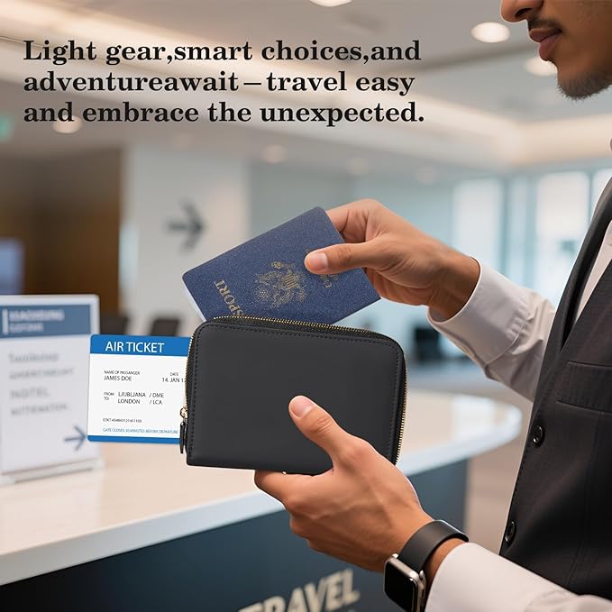 CoBak Passport Holder Cover with Safe Zipper Closure, Premium Passport Wallet for Travel, RFID Blocking Card Case, Waterproof Travel Accessories for Man, Black Grain