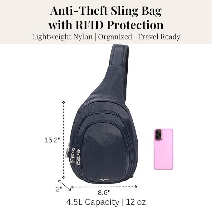 Baggallini Securtex® Anti-Theft Multi Zip Sling - Lightweight 8.6"x15.2" Travel Bag with Locking Zippers & RFID Protection