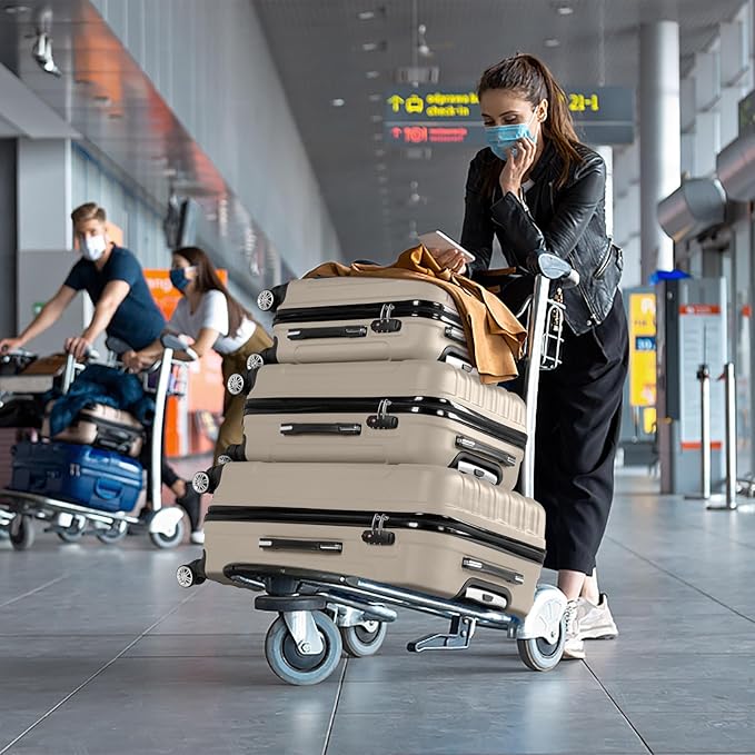 Karl home Luggage Sets 3 Piece, Hardside Carry on Suitcase Sets with Spinner Wheels & TSA lock, Portable Lightweight ABS Luggages for Travel, Business - Champagne, 20/24/28in