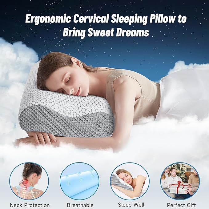 CloudBliss Memory Foam Pillow, Ergonomic Neck Contour Cervical Pillow for Back and Shoulder Pain, Orthopedic Pillow for Neck Pain Relief, for Sleeping Side, Back, Stomach Sleepers - Grey, King