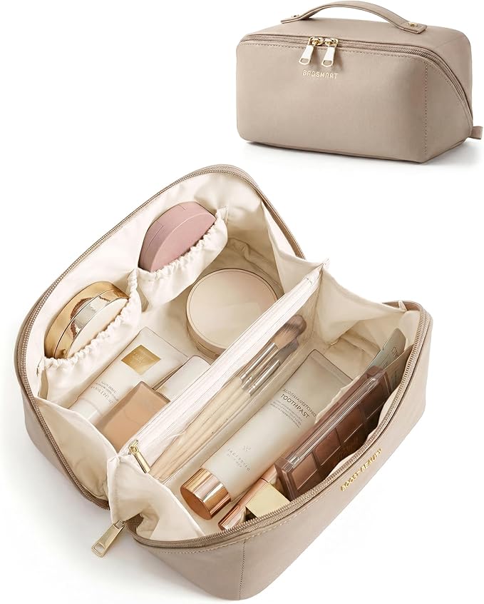 BAGSMART Makeup Bag Travel Cosmetic Bag, Large Make Up Bag Flat Open Toiletry Bag for Women, Waterproof PU Leather Travel Essentials Organizer Case, Wide-open Pouch Purse for Skincare, Brushes, Camel