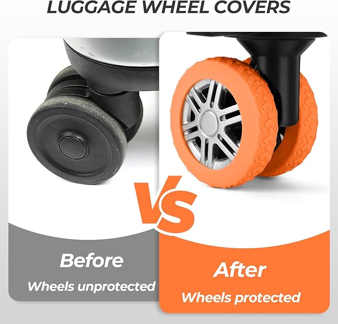 8-Piece Silicone Luggage Wheel Covers-For Dual-Row Spinner Wheels (2.0"-2.4")Diameter Only-Reduces Noise and Prevents Scratches-Designed for Wheels with a Top Clearance Greater Than 0.12" (Orange)