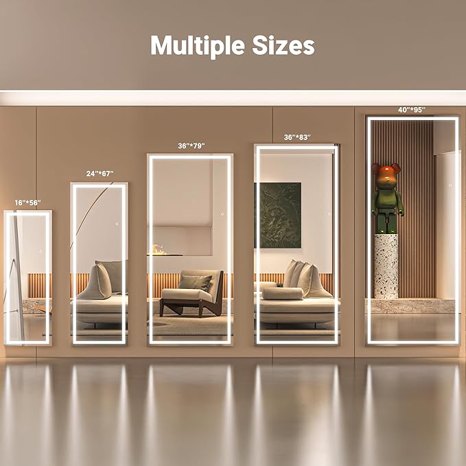 79" x 32" Full Length Mirror with Lights, Large LED Lighted Floor Standing Body Mirror, Dimmable & 3 Color Lighting for Bedroom, Cloakroom, Dressing Room, Tempered Glass, Black Frame