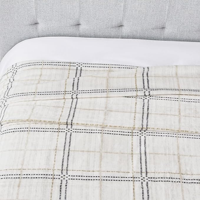 Soft Cozy 120x120 Inches Seamless Oversized King Fleece Blanket, Line Pattern Giant Huge, Extra Large 10'x10' California King Blanket for Sofa, Family, Travel, Line Ivory Grey