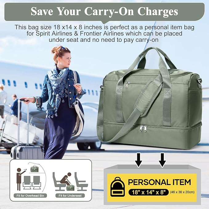 Travel Duffel Bag for Women, Carry-on Overnight Weekender Bags with Wet Pocket, For Spirit Airlines 18x14x8 Personal Item Bag,Small,Olive Green