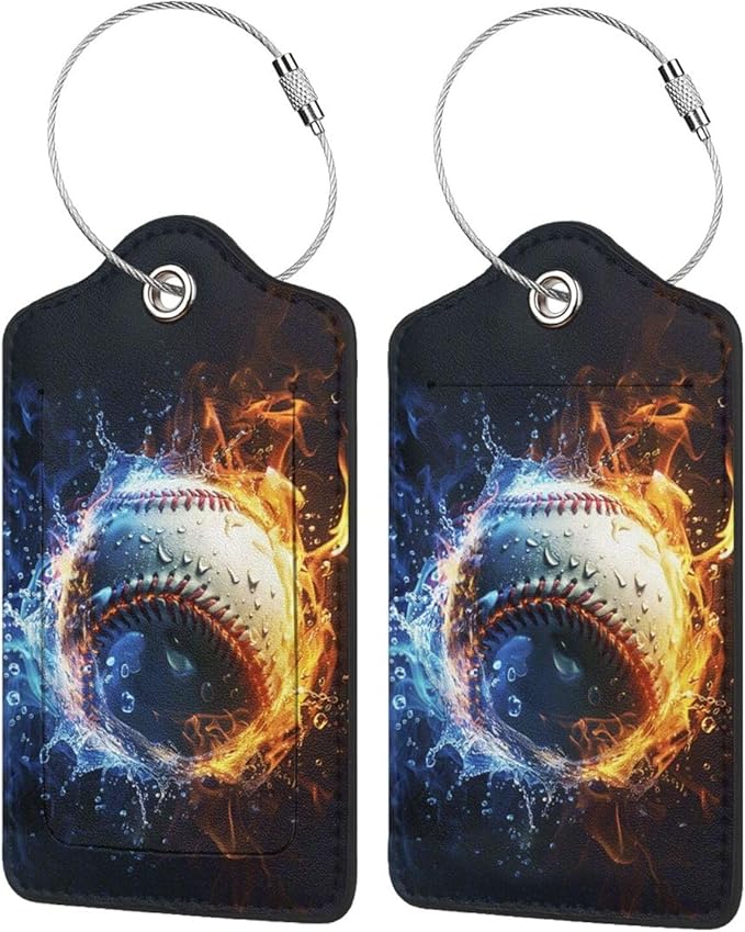 2 Pack Luggage Tags for suitcases Baseball Water Fire TSA Approved Label Luggage Tag Baggage Tag Leather Stainless Steel Loop Label Tag for Men Women Travel Bag Suitcase