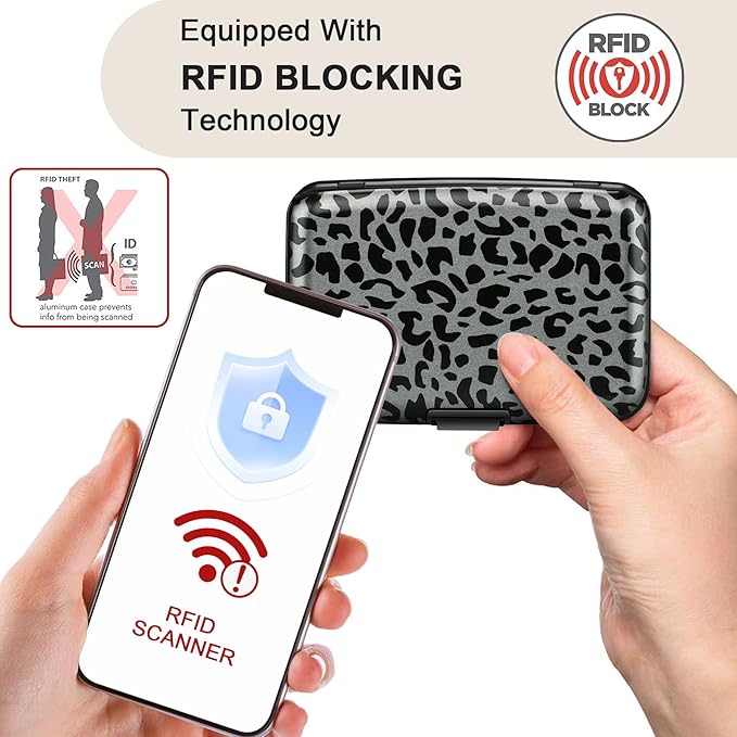 ELFISH Mini RFID Aluminum Wallet Credit Cards Holder Business Card Case Metal ID Case for Men Women(Black Leopard Print)