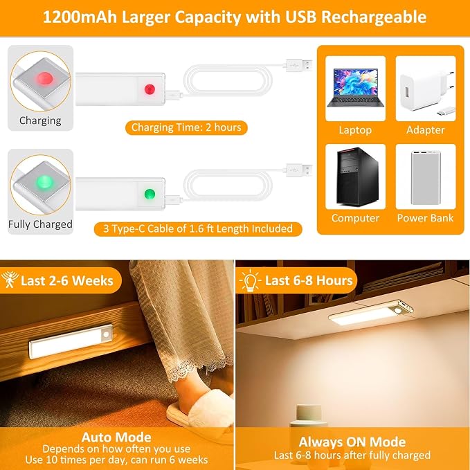 Motion Sensor Under Cabinet Lights, 3-Pack, Warm White, 8 inch | Magnetic, Rechargeable Under Counter Closet Light, Wireless Night Light Bar, 10% to 100% Dimming, USB Cable Included
