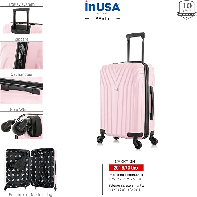 InUSA VASTY Luggage with Spinner Wheels | Durable Lightweight Hardshell Suitcase Travel Bag with Handle and Trolley 20-Inch Carry On Small Luggage | Pink
