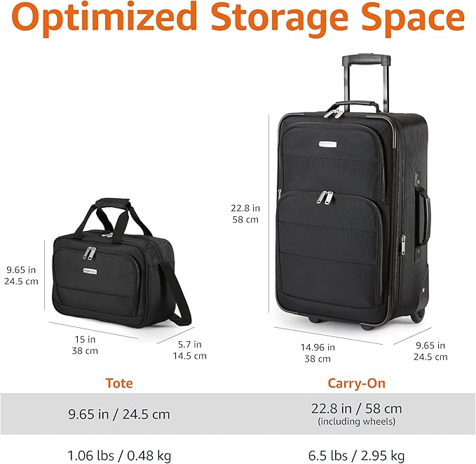 Amazon Basics Softside Luggage Set, 23-Inch Expandable Suitcase with Wheels and 15-Inch Tote, Extra Space (+15%), Front Pockets, Telescopic Handle, Black