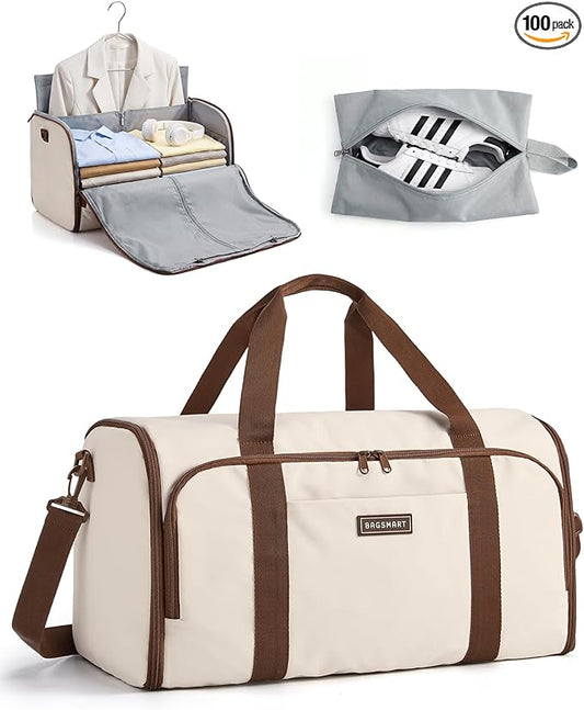BAGSMART Garment Bag Duffle Bag for Travel Convertible 2 in 1 Suit Bag for Hanging Clothes Carry on Travel Bag with Shoes Bag,Shoulder Strap Weekender for Dresses, Coats, Shirts (White)