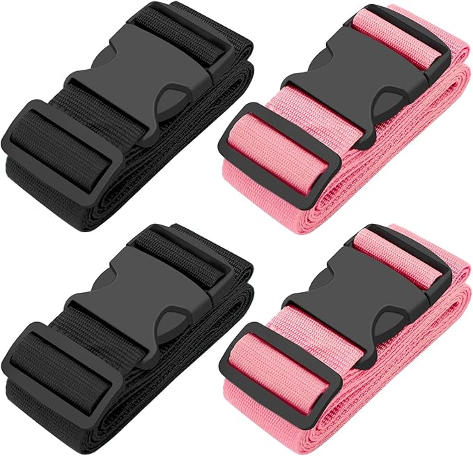 BILIONE 4 Pack Luggage Straps 79" Long Belts Keep Suitcase Secure While Traveling, TSA Approved Add a Bag Premium Accessory for Travel Bag Closure (2PCS Black + 2PCS Pink)