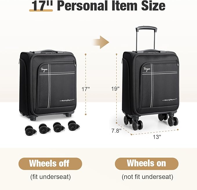 Softside Carry on Luggage Airline Approved, 17 Inch Underseat Carry-on Luggage with Removable Spinner Wheels, Small Personal Item Suitcase for Travel Business (Black, 17 inch_Underseat)