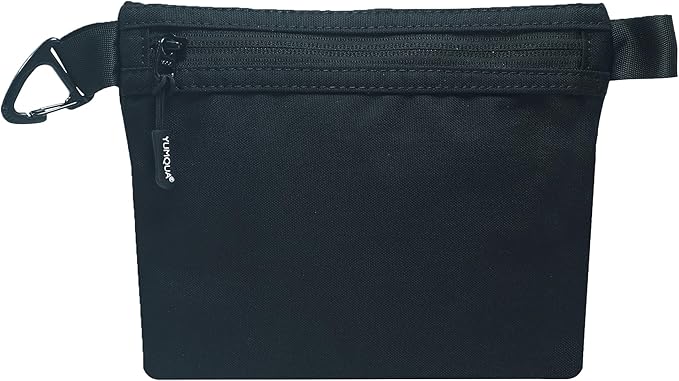 YUMQUA Water-Resistant Zipper Pouch with Carabiner Clip, Small Nylon Multipurpose Travel Digital Cosmetics Toiletry Bag Tool Storage Pouch, Black