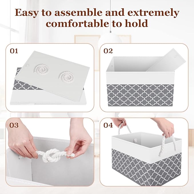 Fab totes Storage Bins [4-Pack], Foldable Storage Baskets for Organizing Toys, Books, Shelves, Closet, Large Storage Box with Rope Handles, Sturdy Organizer Bins,Clover Grey